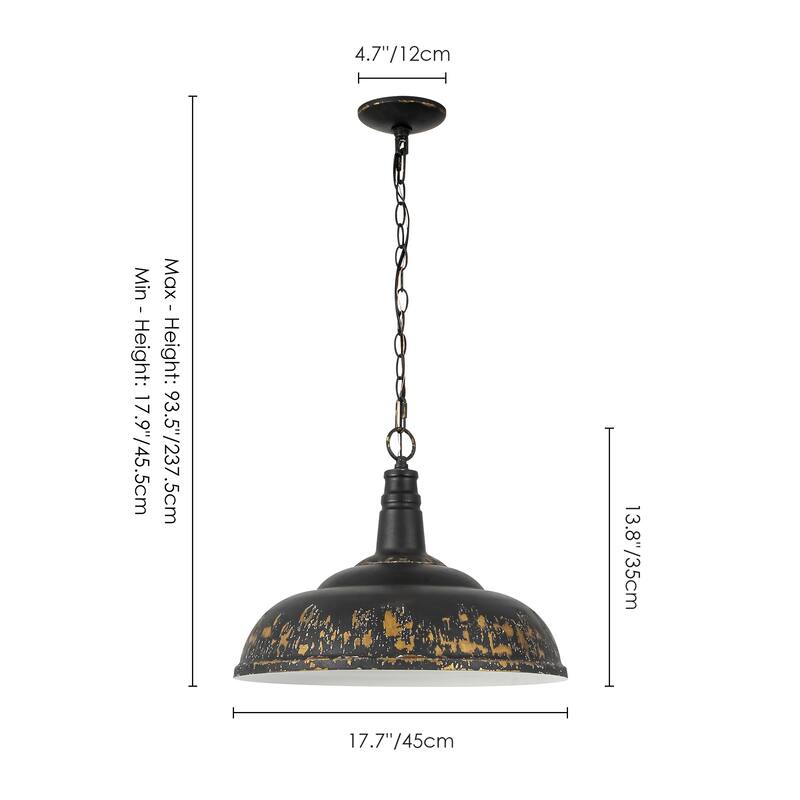 17.7" 1-Light Farmhouse Industrial Black and Gold Distressed Metal Dome Pendant Light with Adjustable Chain