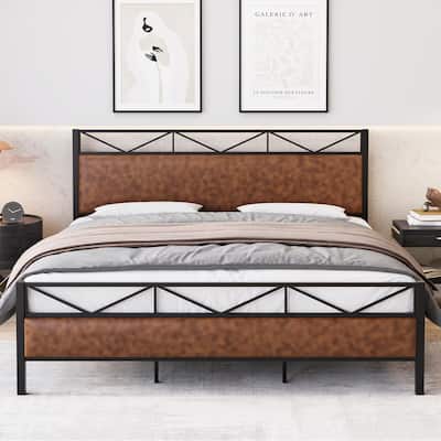 Bed Frame with Rustic Leather Headboard and Footboard