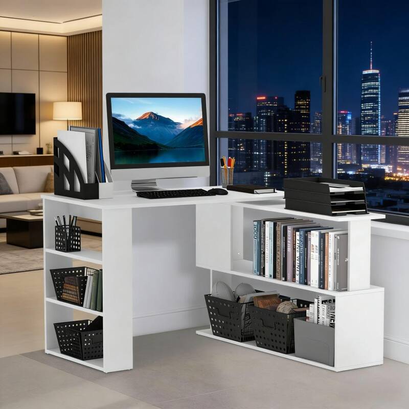 Spacious Writing Table Workstation,L Shaped Corner Computer Desk,360° Rotating Home Office Desk