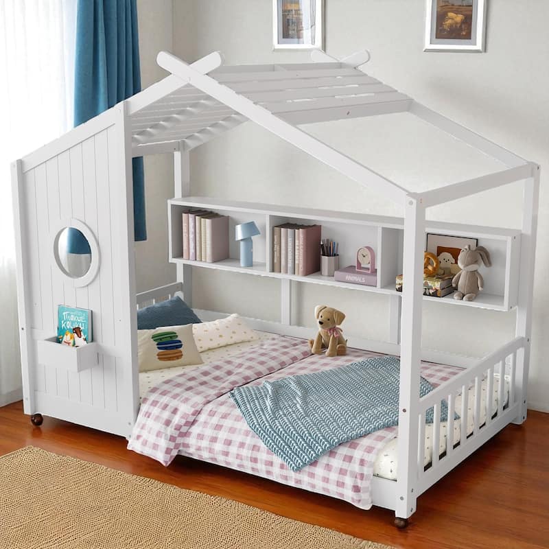 Twin/Full Montessori House Floor Bed with Roof, Storage Shelf, Low Profile Kids Bed, 6 in Mattress, 350/550 lb Capacity