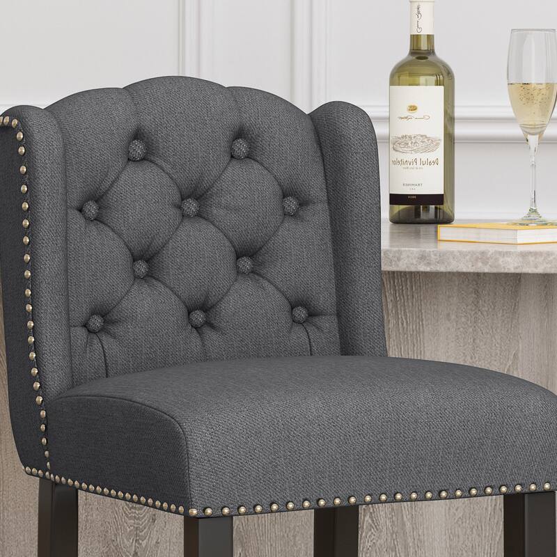 31 Inch Fabric Tufted Wingback Counter Stools, Set of 2