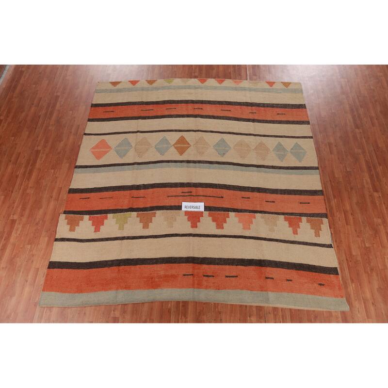 Hand Woven Oriental 100% Jute Carpet Modern Stripe Beige & Ivories Kilim Area Rug - 14' 0'' X 10' 0''