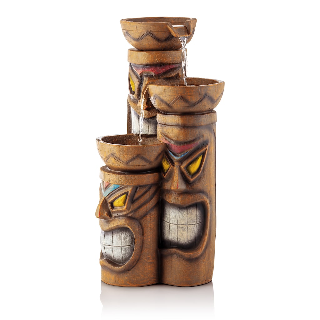 Alpine Corporation GIL839 29" Tall Triple Tiki Fountain with LED Lights, Outdoor Polynesian-Inspired Tiered Waterfall Feature