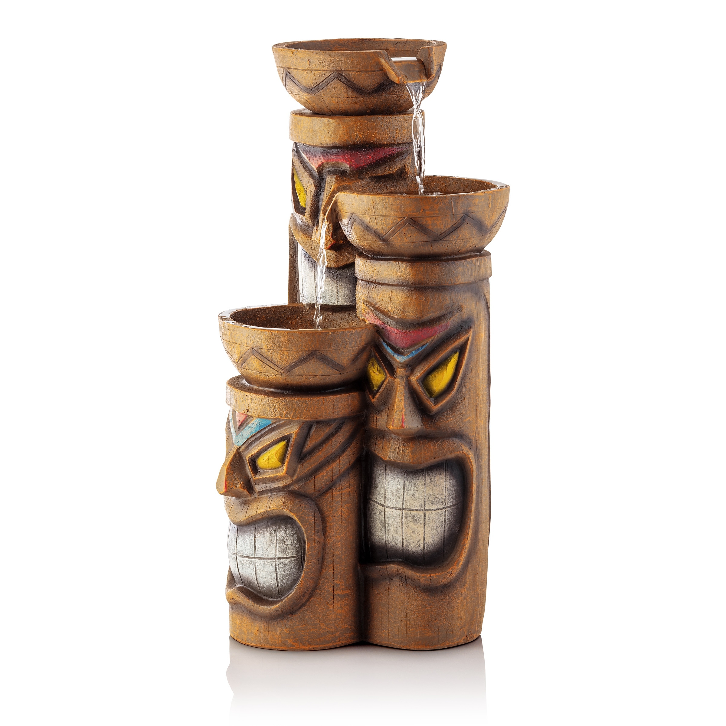 Alpine Corporation GIL839 29" Tall Triple Tiki Fountain with LED Lights, Outdoor Polynesian-Inspired Tiered Waterfall Feature