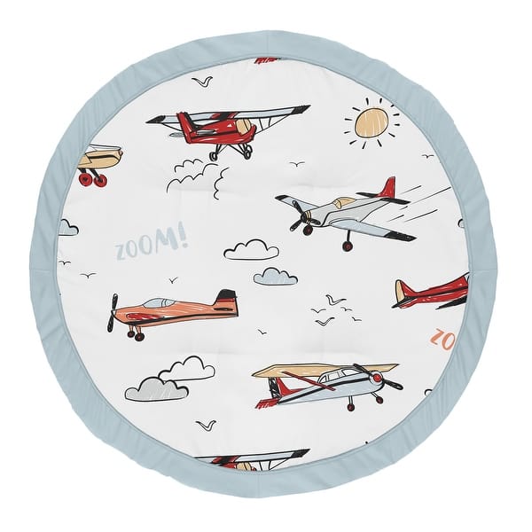 slide 2 of 4, Vintage Airplane Boy Baby Tummy Time Playmat - Grey Yellow Orange Red White Blue Airplanes Air Plane Transportation Clouds Sky