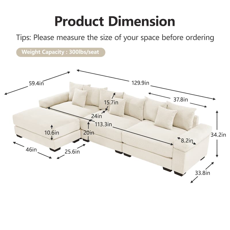 Roomfitters 130" Oversized Cloud Modular Sectional Sofa, Deep Seat Corduroy Couch with Wide Armrests, Cream