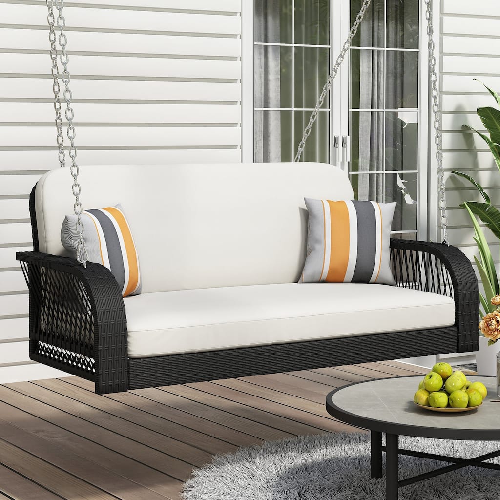 2-Person Outdoor Wicker Porch Swing with Cushions and Colorful Pillows