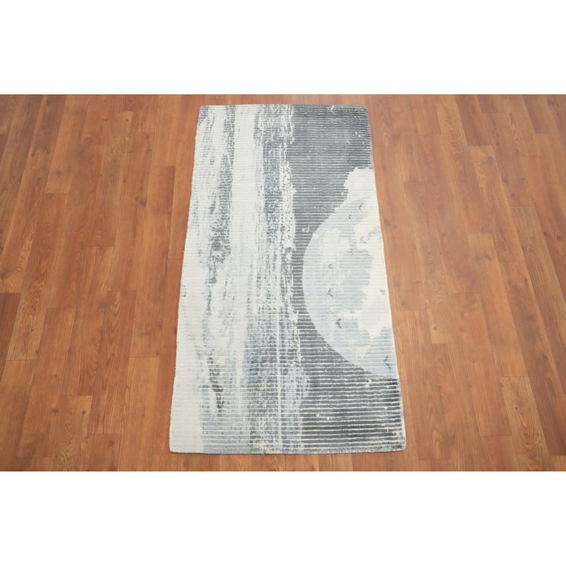 Hand Knotted Oriental Viscose Silk Carpet Modern Abstract Greys & Charcoal Abstract Area Rug - 4' 0'' X 2' 0''