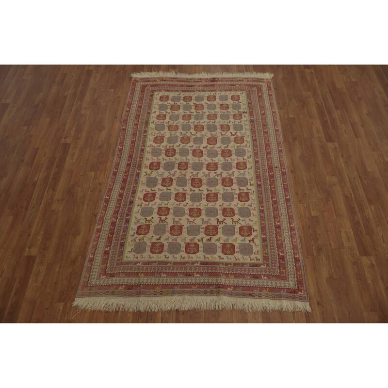 Hand Woven Oriental 100% Wool Carpet Traditional Tribal Beige & Ivories Sumak Area Rug - 7' 1'' X 4' 6''