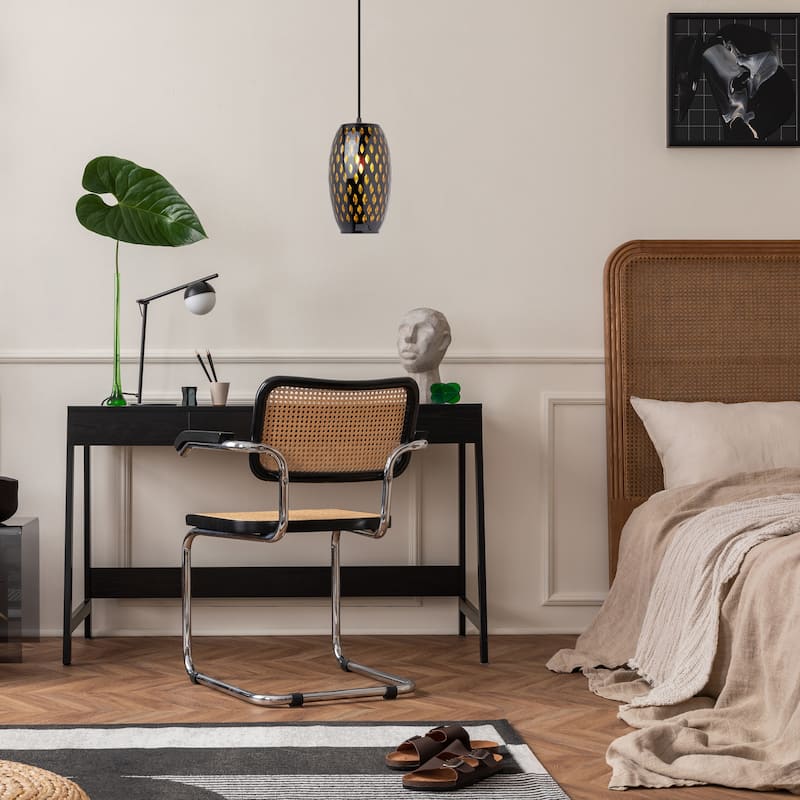 Adriana River of Goods Black Metal and Amber Glass 6-Inch Pendant Light with Adjustable Hanging Cord - 6" x 6" x 70.75"