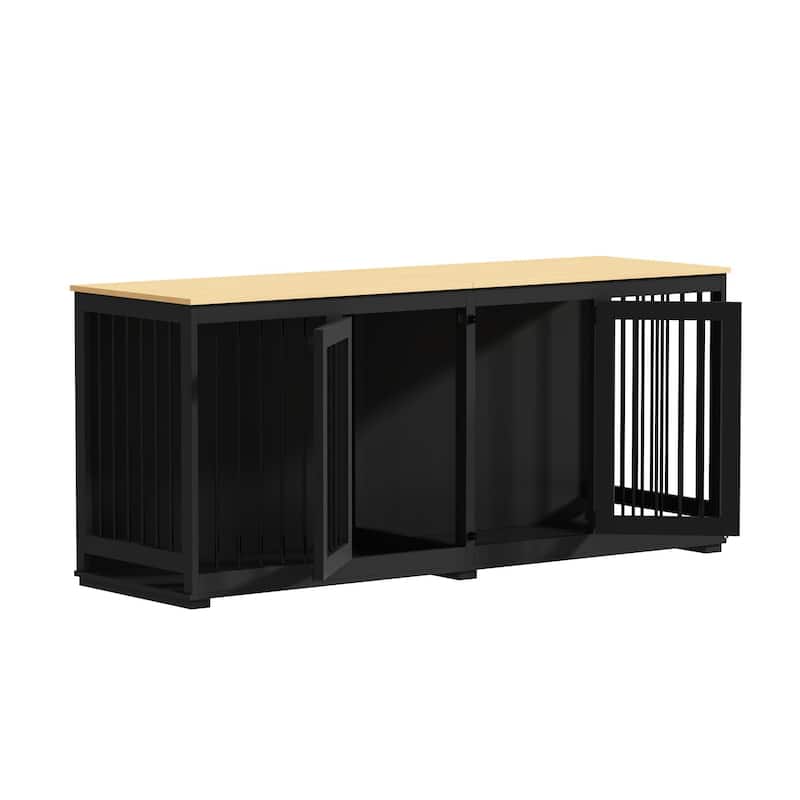 70.9" Large Double Wooden Dog Crate Furniture, Kennel with Dividers