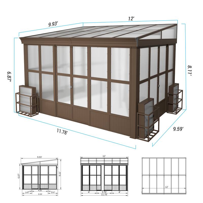 Lean-to Sunroom 10x12FT, Wall Mounted Solarium