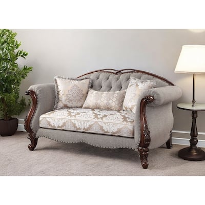 HomeRoots 72" Beige And Dark Brown Linen Loveseat and Toss Pillows