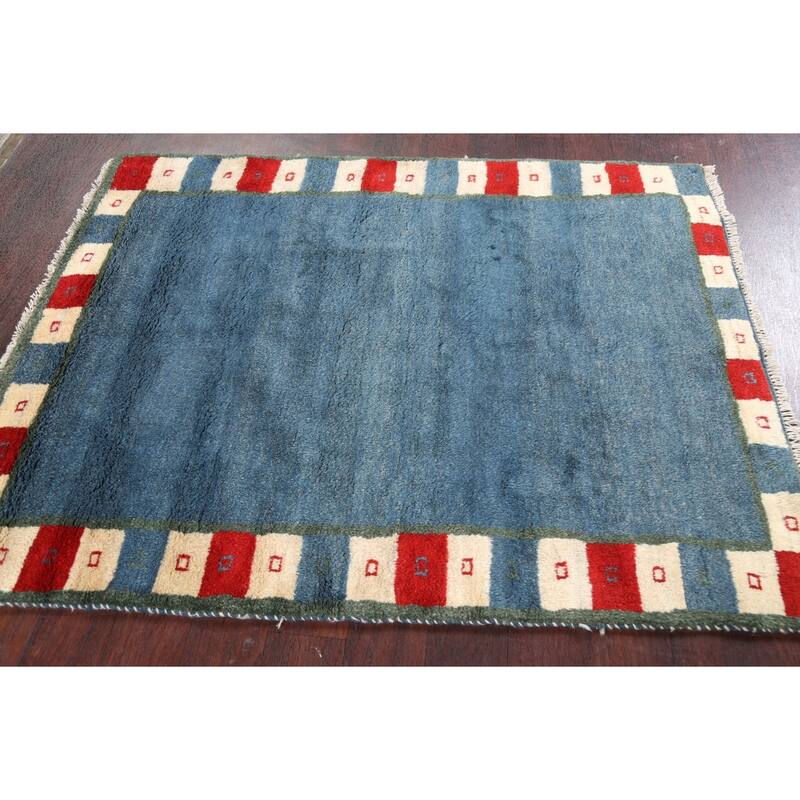 Hand Knotted Oriental 100% Wool Carpet Modern Bordered Navy Blue & Blues Gabbeh Area Rug - 5' 0'' X 3' 11''