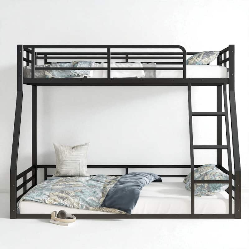 Metal Bunk Bed Twin XL/Full XL/Queen Over Queen, Heavy-Duty Low Bunk Frame with Guardrails and Quiet Design