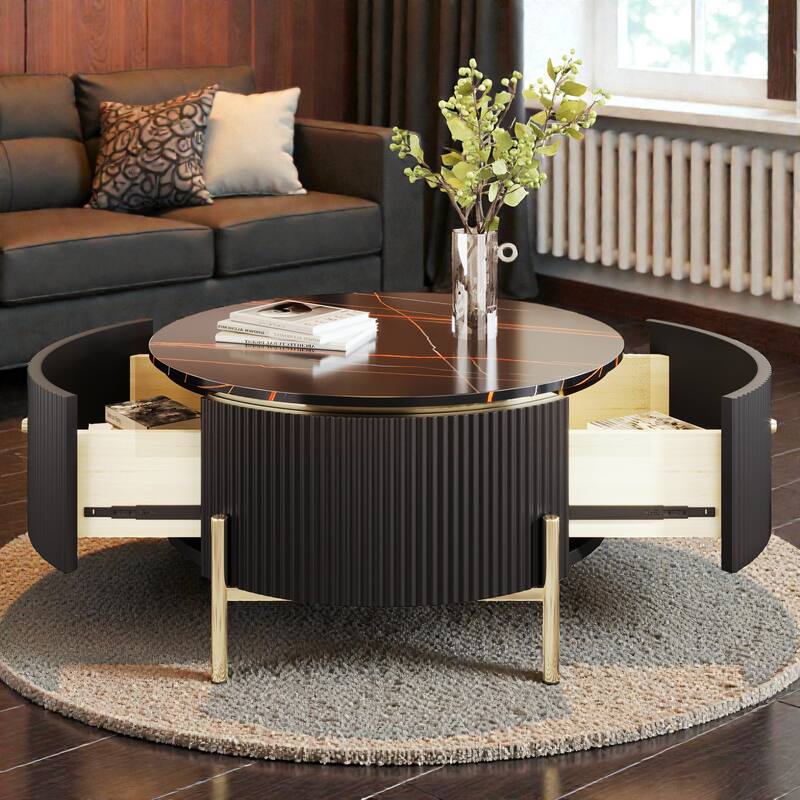 Modern Round Coffee Table with 2 Large Drawers, Marble Pattern MDF Top and Gold Metal Legs