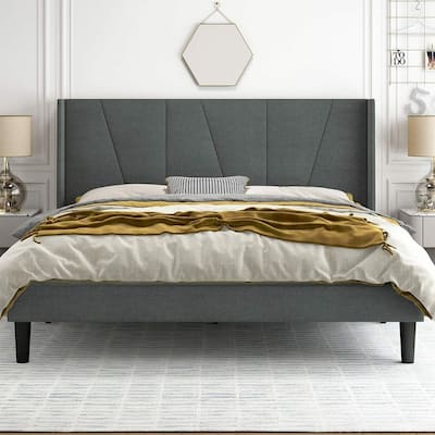 King Size Platform Bed Frame with Geometric Wingback Headboard, Grey