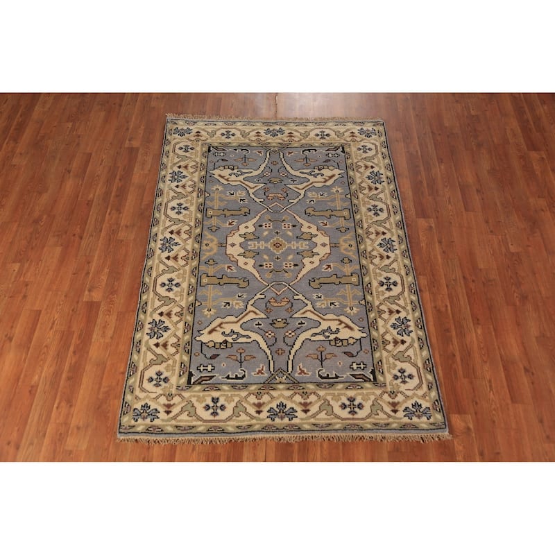 Light Blue Oushak Oriental Rug Floral Handmade Wool Carpet - 4'1"x 5'11"