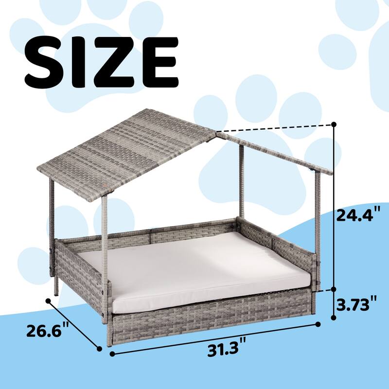 Elevated Rattan Dog Bed with Canopy and Washable Cushion Cover Perfect for Small Dogs - 31.3”L x 26.6”W x 24.4”H