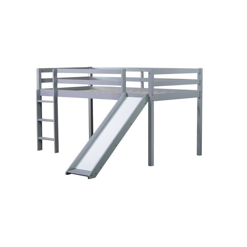 Low Loft Twin Bed with Slide, Ladder, Safety Rails, Rubber Wood Frame, Grey