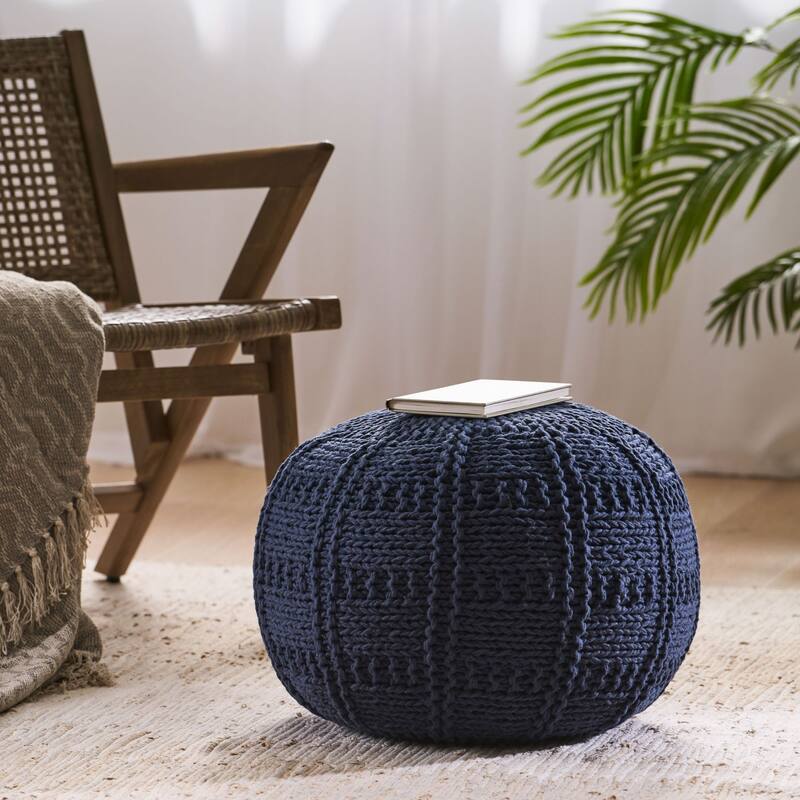 Oaks Aura Knitted Wool Cotton 20 x 20 Round Pouf, Modern Farmhouse Handcrafted Design Ottoman