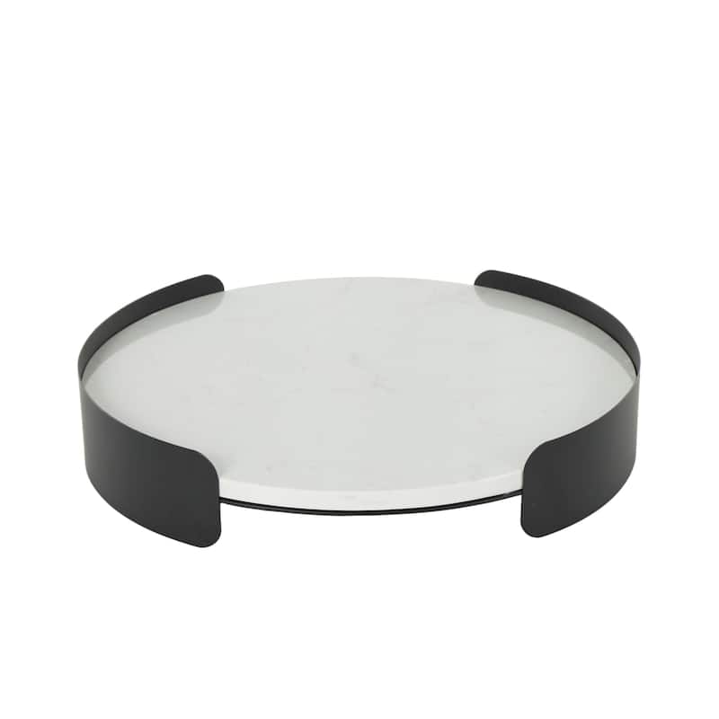 Marble Round Tray with Black Metal Frame - White - Roche River Decor