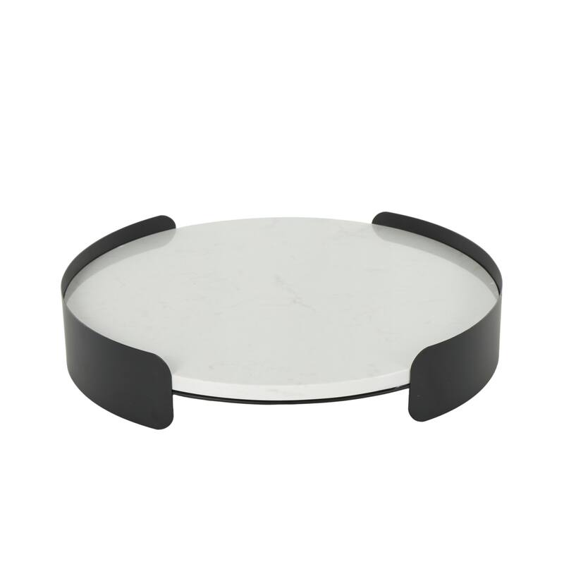 White Marble Round Living Room Decor Tray with Black Metal Frame