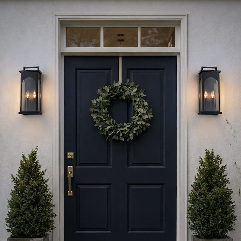 2-Light H19” Outdoor Wall Lantern Large Black Exterior Wall Light with Clear Tempered Glass for Front Door, Garage - W8‘’