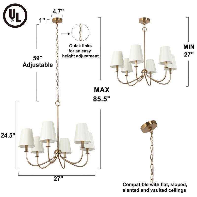 Mid-Century Modern Gold 6-Light Wheel Chandelier with Fabric Shade for Dining Room - 27" D x 24.5" H