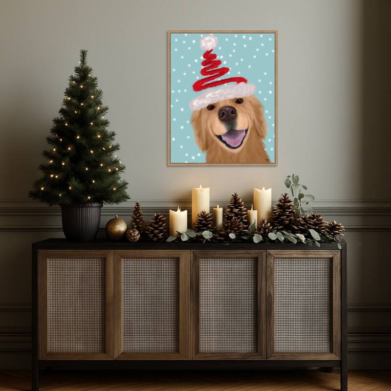 Christmas Golden Retriever and Spring Santa Hat by Fab Funky (23 x 28 in.), Framed Canvas Wall Art Print
