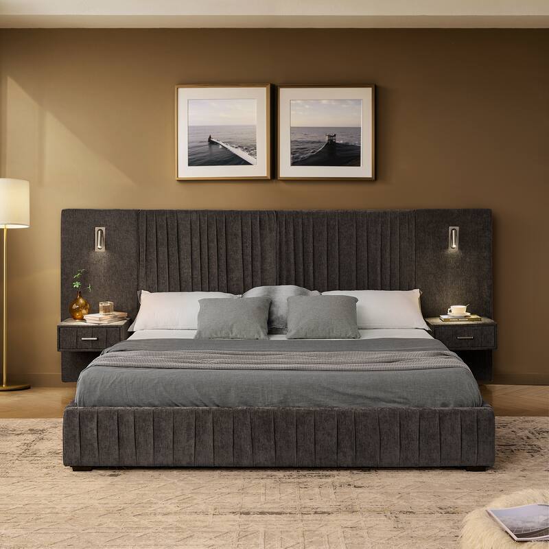 Chenille Upholstered Pleated Platform Bed Frame Wingback Headboard with Side Tables and Adjustable Lamps