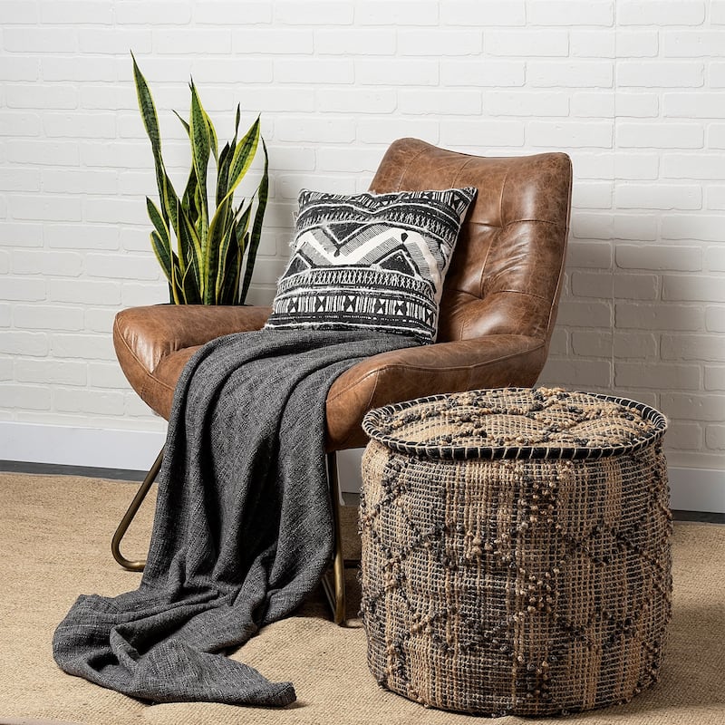 20-Inch Jute Geometric Pouf Ottoman for Living Room Bedroom and Lounge