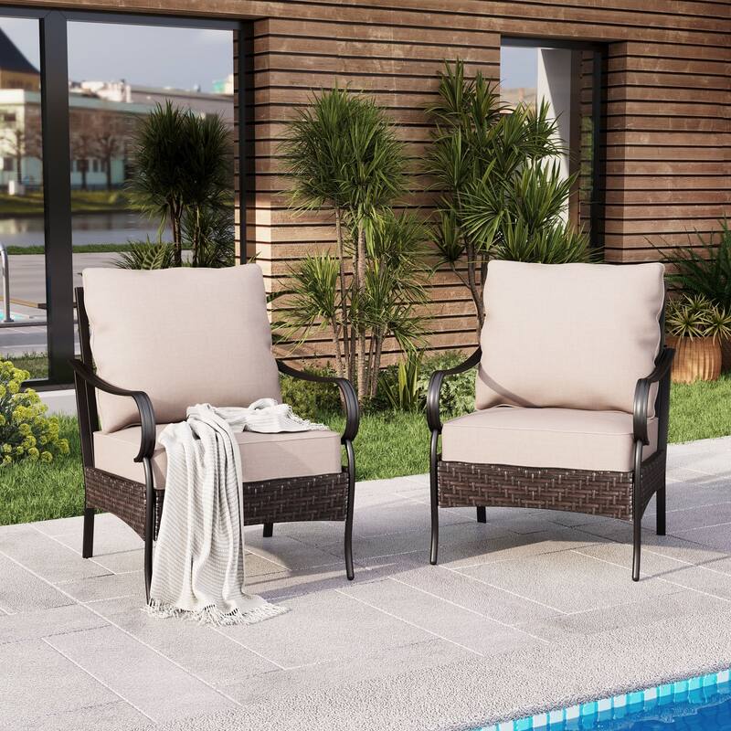 MAISON ARTS Patio Dining Swivel Chairs Set of 2/4 Framed E-Coating Steel and Rattan with Deep-seating and Back Cushions - Fixed Chairs