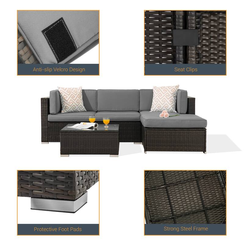 LIVOOSUN 5Pcs Outdoor Furniture Conversation PE Rattan Wicker Sofa Set