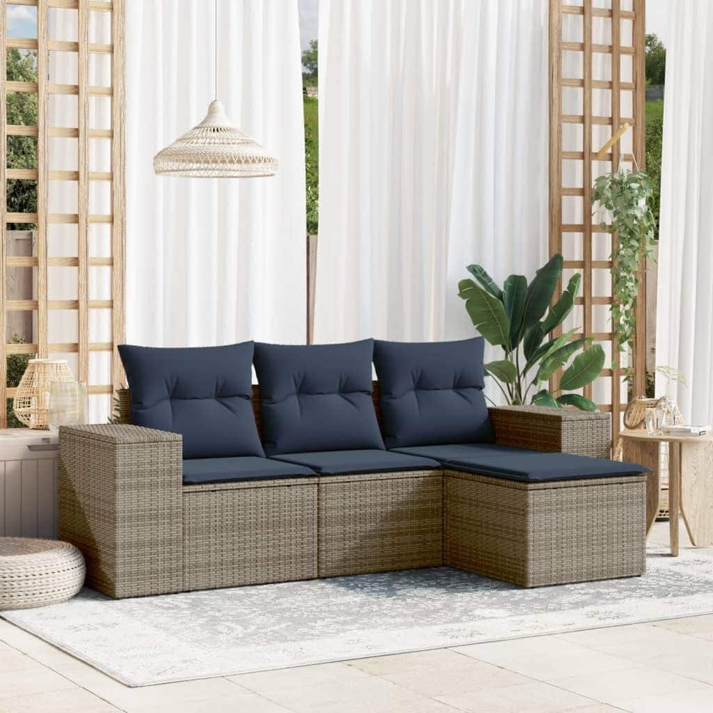 vidaXL 4 Piece Patio Sofa Set with Cushions Grey Poly Rattan - 21.7" x 24.4" x 27.2"