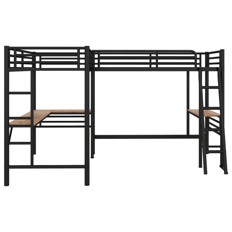 L-shape Metal Frame Loft Bed with Corner Desk and Workstation