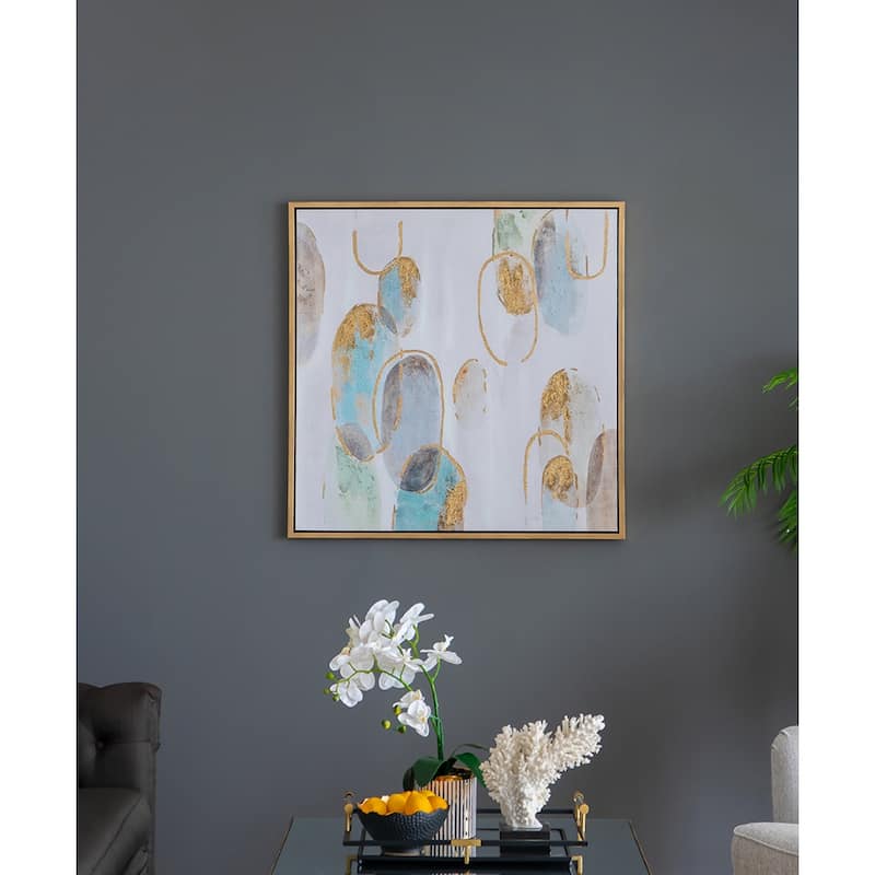 Modern Oil Painting Square Wall Decor with Wooden Frame Canvas Gold Embellishment, for Living Room Dining Room Office - Multi