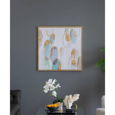 Modern Oil Painting Square Wall Decor with Wooden Frame Canvas Gold Embellishment, for Living Room Dining Room Office