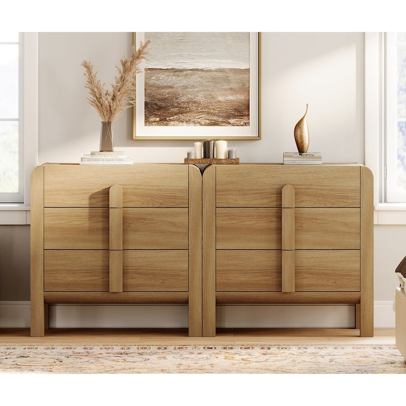 WAMPAT 3 Drawer Curved Dresser For Bedroom Set Of 2, Mid Century Modern Chest Of Drawers, Wood 6 Drawer Dresser