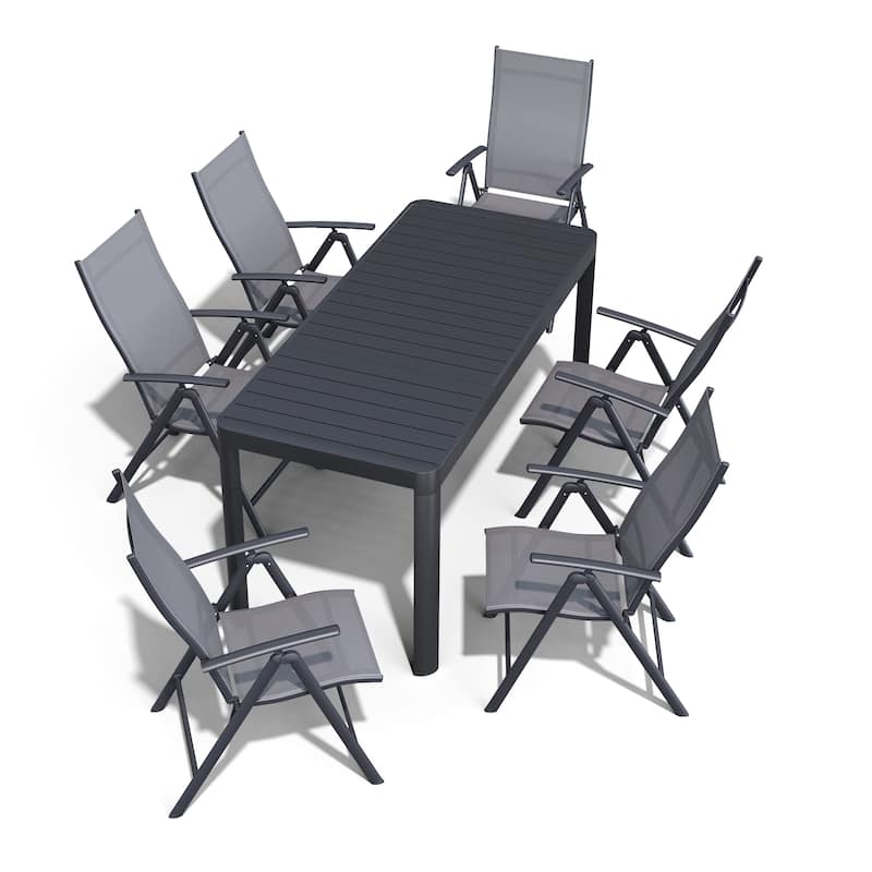 Outdoor Dining Table Aluminum Extendable Table with Durable Adjustable Reclining Folding Chair - N/A - Black-Table&Grey-Chair