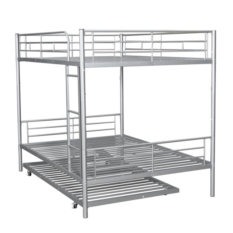 Full Over Full Metal Bunk Bed with Trundle, Silver Finish, Sturdy Iron Frame