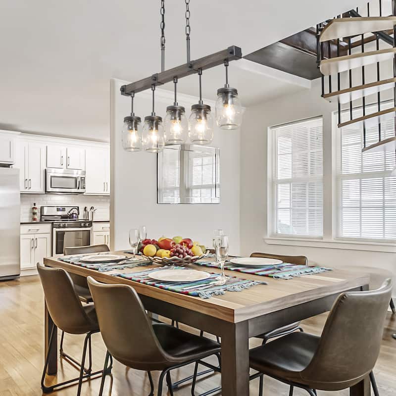 Walton Modern Farmhouse 5-Light Linear Chandelier Mason Jar Glass Kitchen Island Light - L 25.5" x W 3" x H 17"