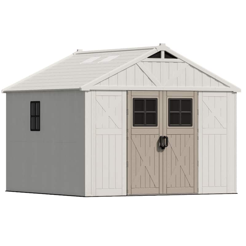 Patiowell 10 x 10 FT Resin Outdoor Storage Shed With Floor ,Weather Resistant, Organization for Home/Backyard/Garden, Off White