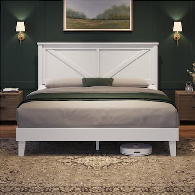 Yaheetech Farmhouse Wooden Bed Frame with Headboard No Box Spring Needed