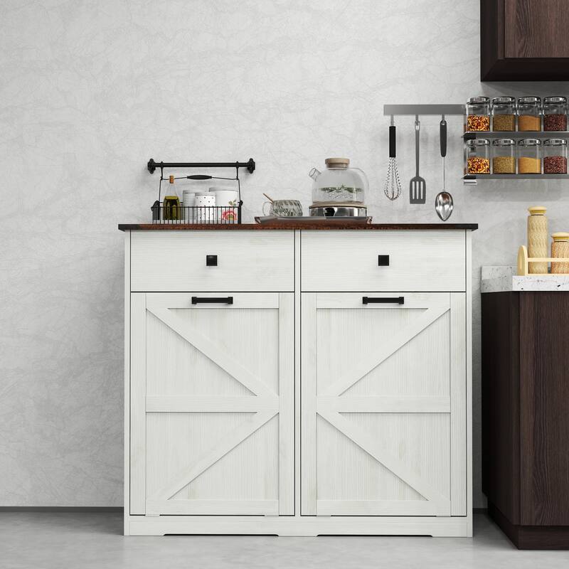 White Double Tilt Out Trash Cabinet Storage Cabinet Trash Can Cabinet - Brown Antique White