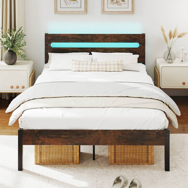 Costway Full Size Bed Frame with Built-in Charging Station Sturdy