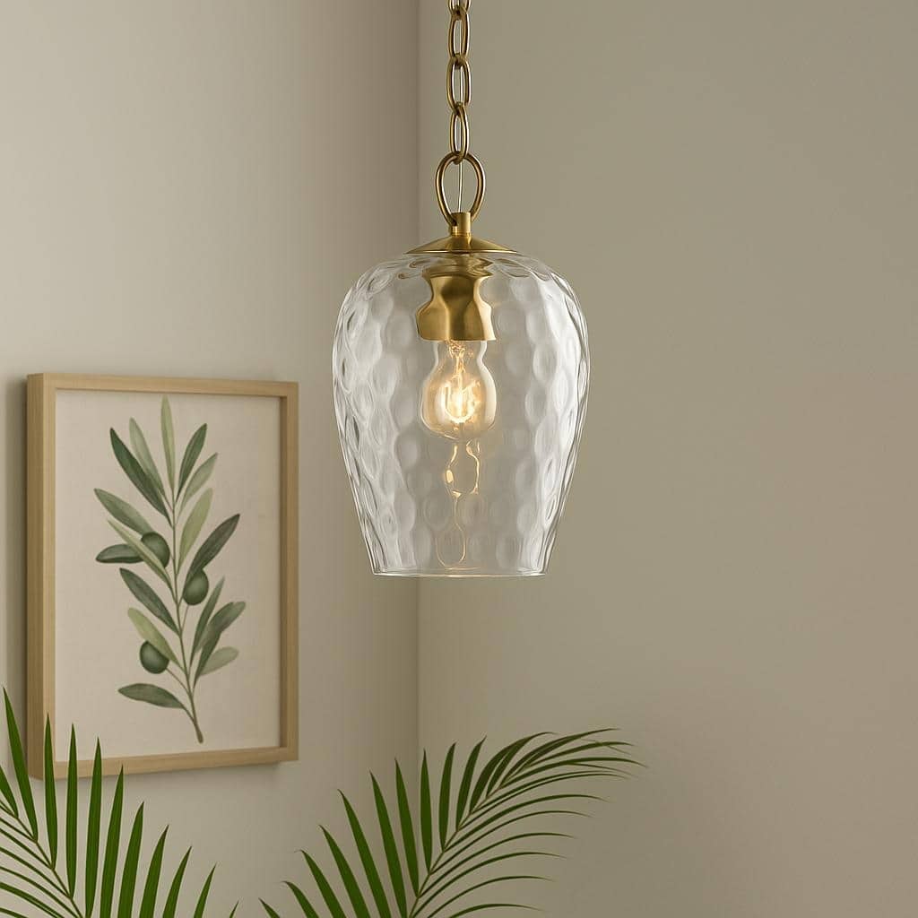 Modern Hammered Pendant with 60'' Adjustable Chain, Thick Textured Glass Shade