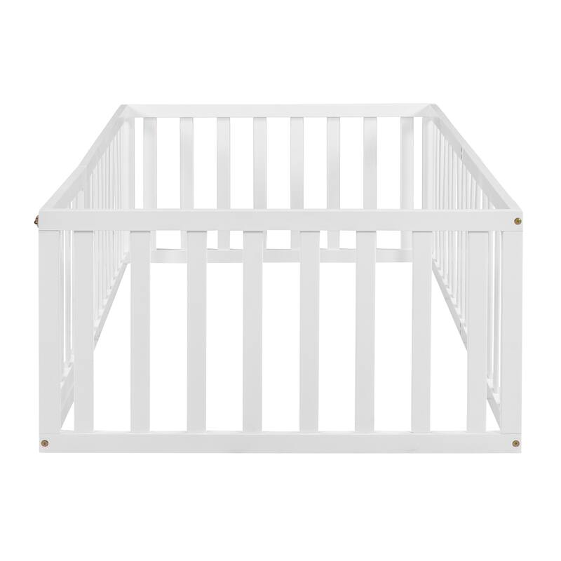 Versatile Wooden Floor Bed Frame without Slats, Solid Pinewood Kids Bed Frame with Fence and Door