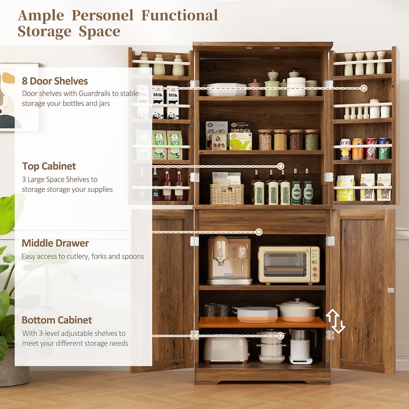 Kitchen Pantry Cabinet with Adjustable Shelves - Freestanding Storage Organizer
