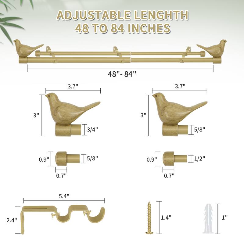 MERIVILLE 3/4" Diameter Farmhouse Double Window Curtain Rod, Bird Finials
